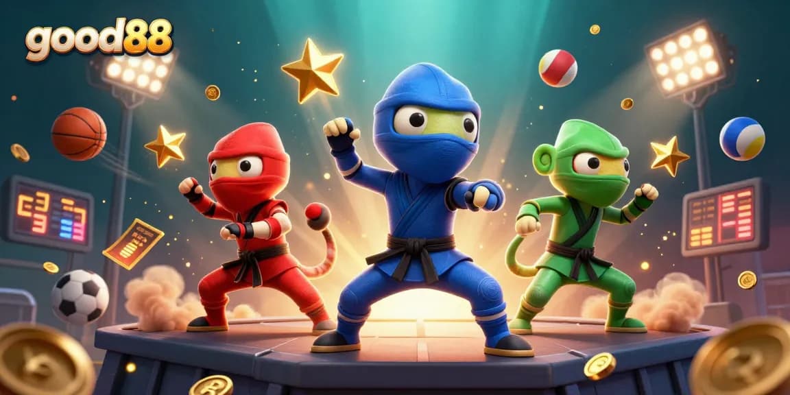 Engage in thrilling action with good88 as ninja chameleons showcase dynamic martial arts moves amidst sports elements.