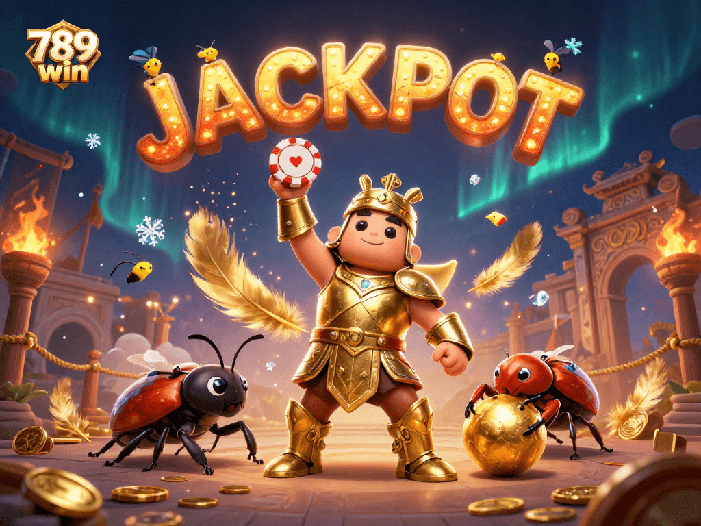 Immerse in 789 win's vibrant victory scene with beetles celebrating Jackpot in a thrilling casino atmosphere.