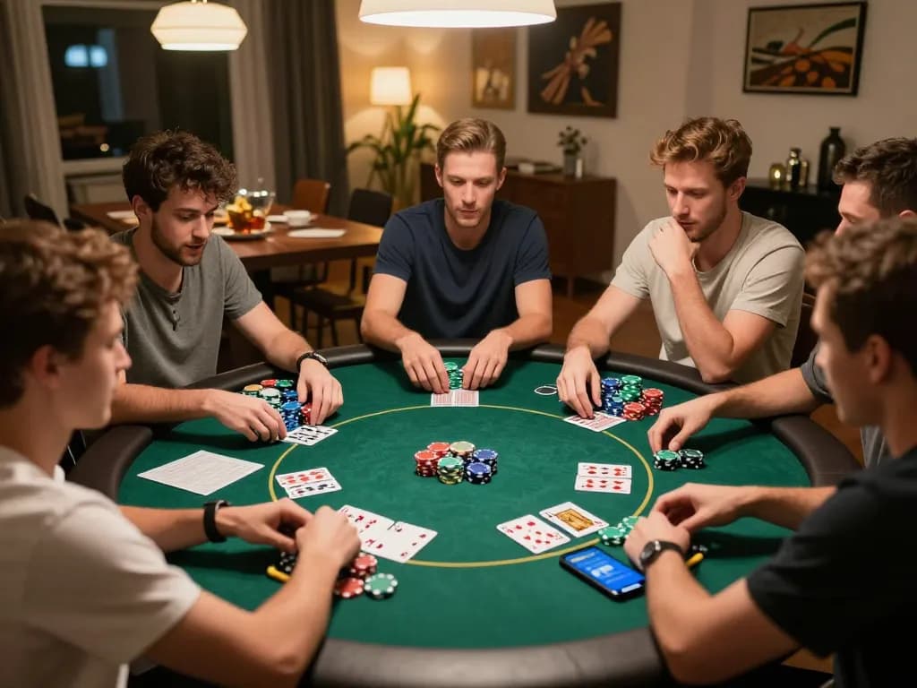 Friends enjoying a poker game at home, showcasing tactical strategies with tic88 features visible on the table.