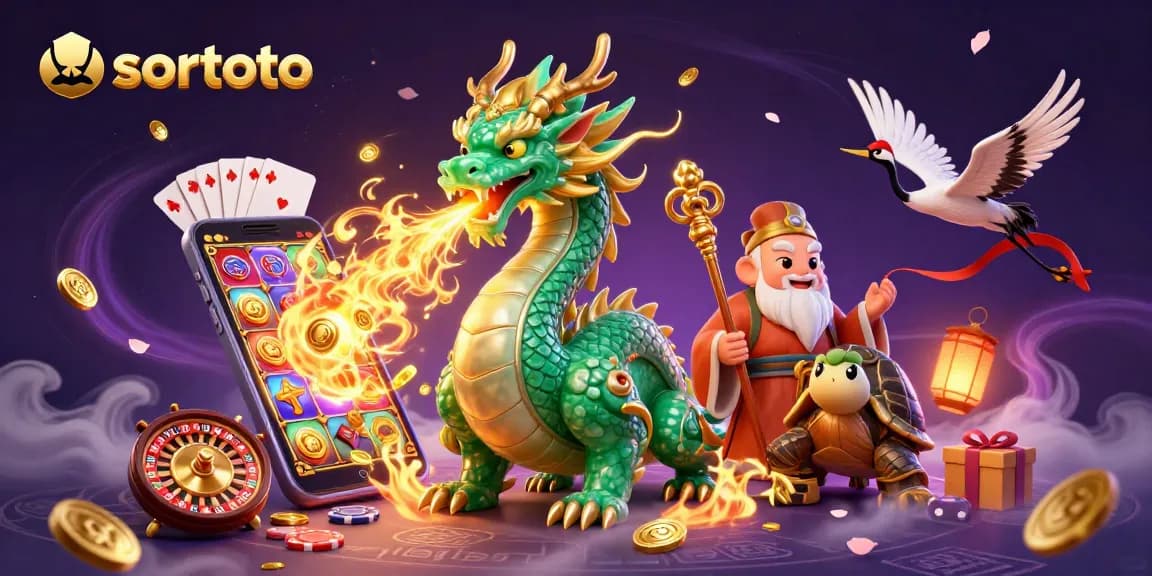 sortoto showcases a vibrant scene of a jade dragon and sage amidst captivating casino elements.
