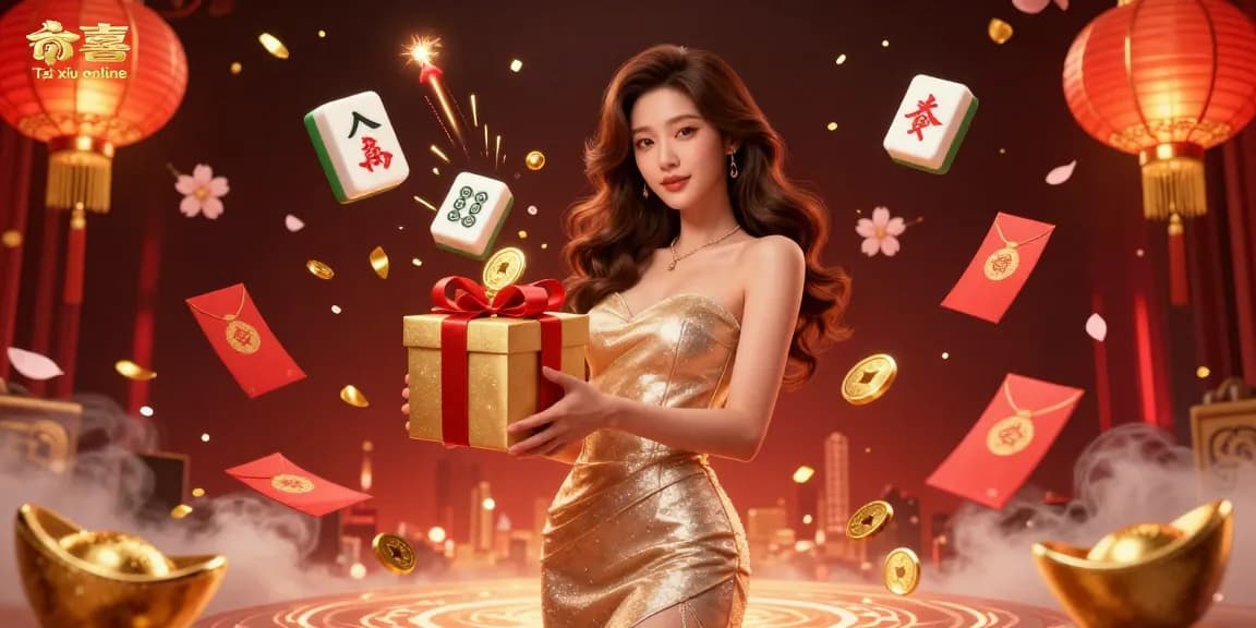 Experience the excitement of Tai xiu online with vibrant visuals of a beautiful woman and festive motifs.