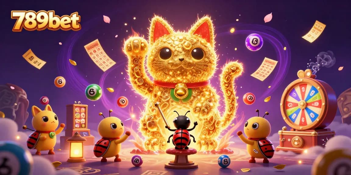 Engage with 789bet's vibrant lottery theme featuring a giant lucky cat and dynamic casino symbols.
