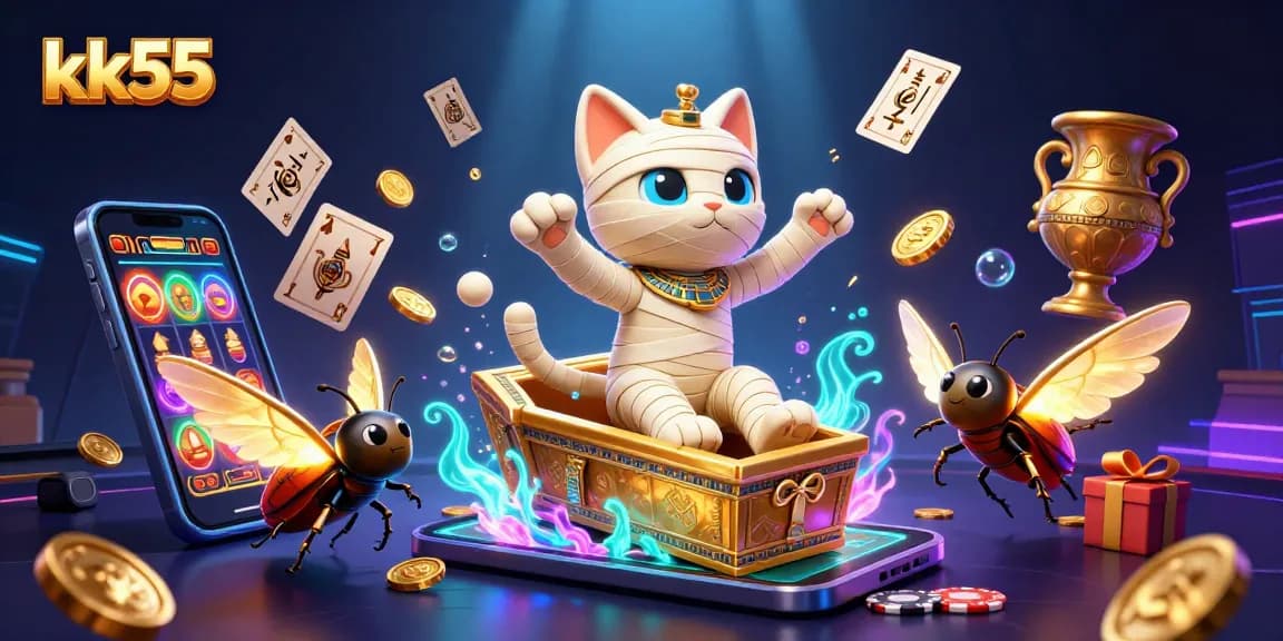 Experience the adventure with kk55 in a vibrant 3D casino scene featuring thrilling slot games and mystical elements.