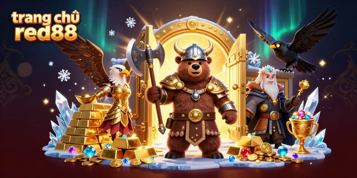 Win big at trang chủ red88 with a vibrant illustration of a Viking bear and Valkyrie eagle amidst treasures.