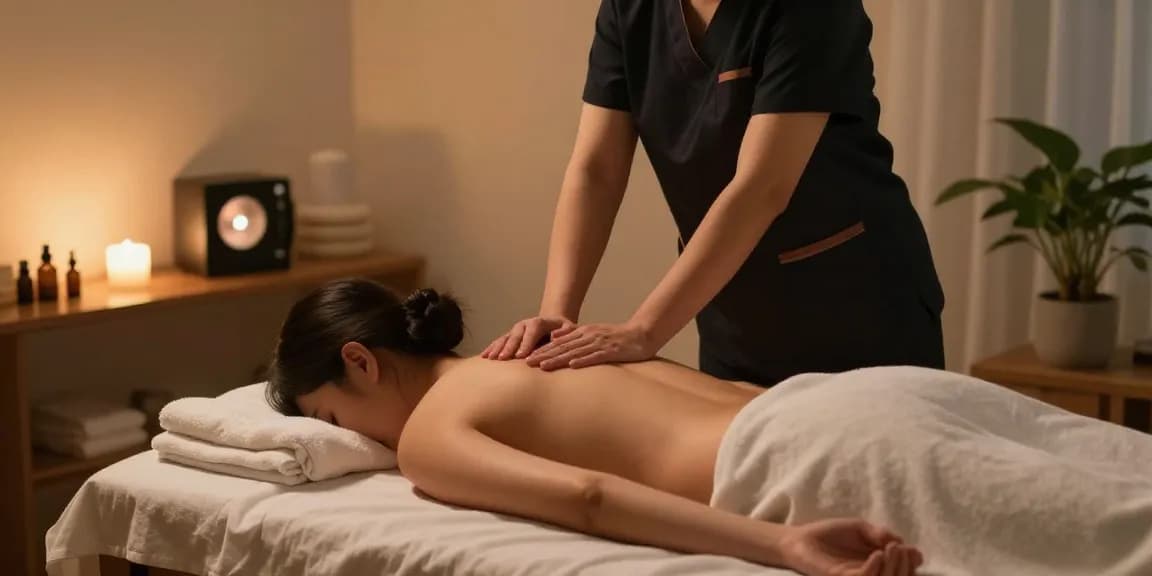 송파출장마사지 being performed in a tranquil home setting with soothing atmosphere and professional therapist.
