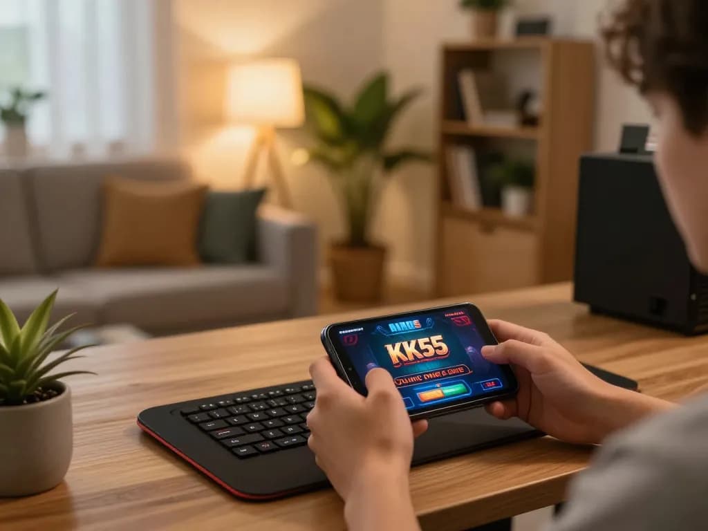 Person exploring KK55 online casino app in a cozy living room while enjoying comfortable gaming.