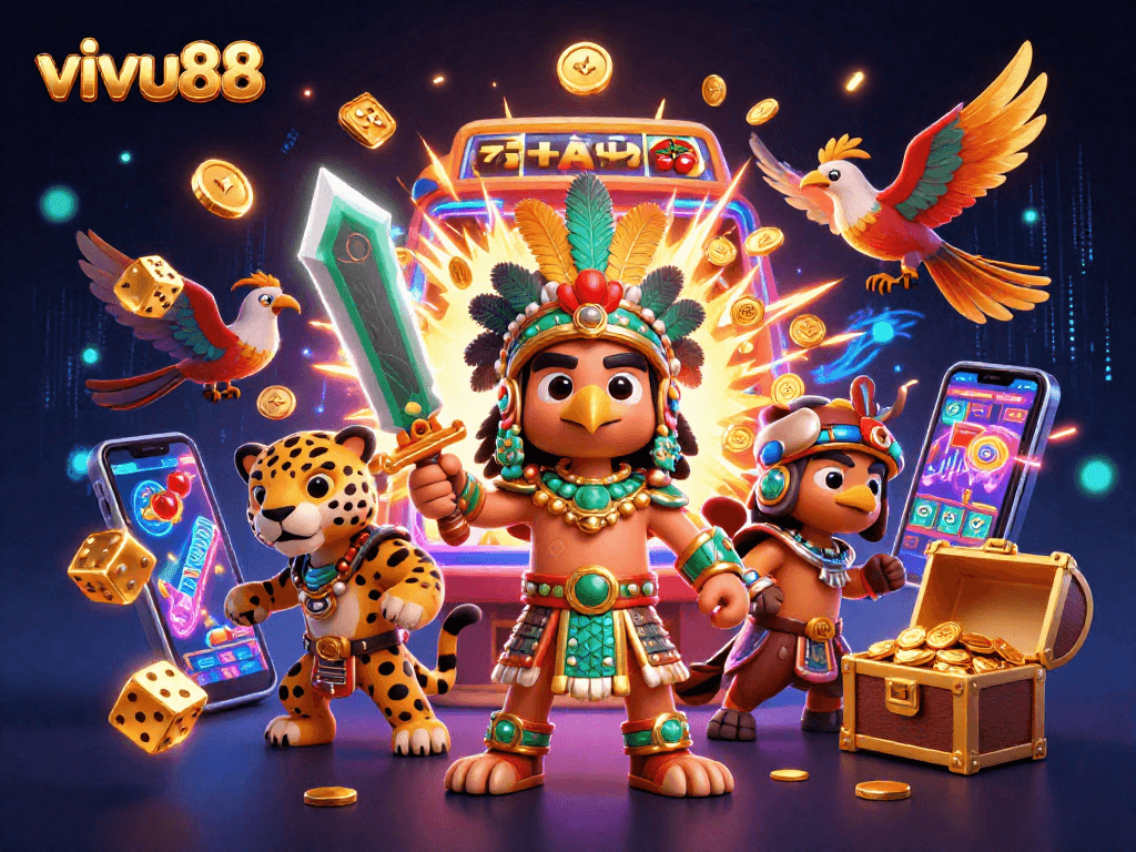 Win big with vivu88 in a vibrant 3D casino scene featuring a slot machine and Aztec warriors.