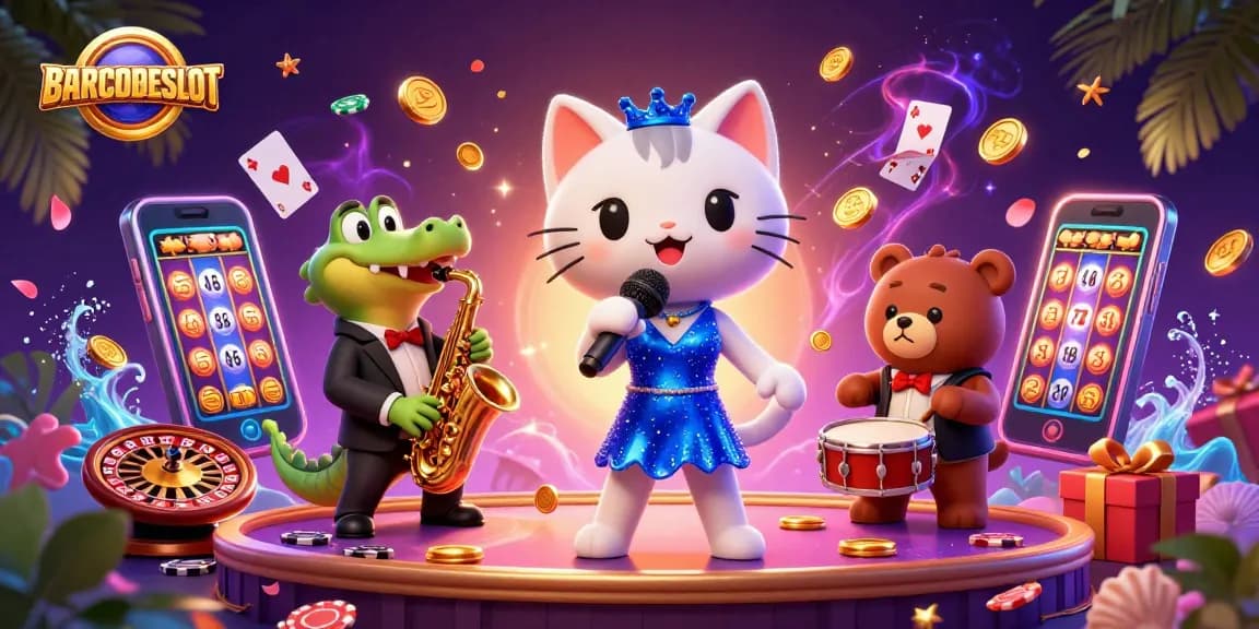Join the excitement at BARCODESLOT with a lively casino performance featuring adorable characters and vibrant slot game elements.