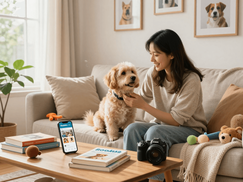 Owner bonding with pet in cozy home, showcasing rokok88 community engagement.