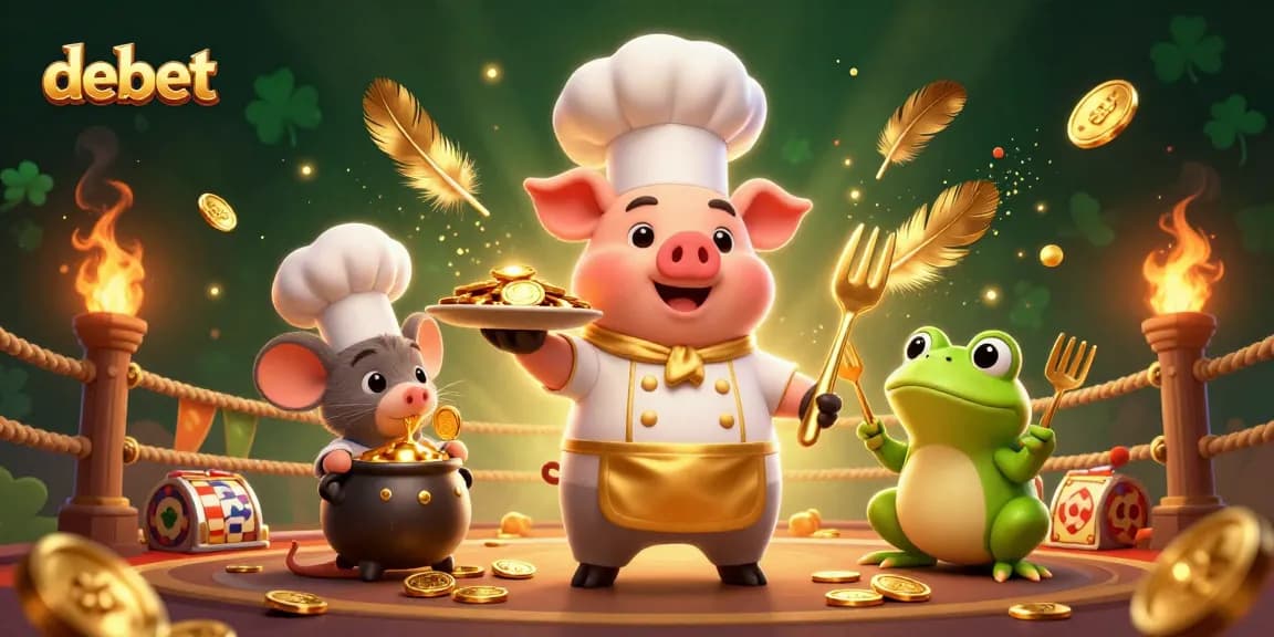 Visualize debet excitement with a cartoon chef pig and friends amid golden coins and vibrant casino elements.