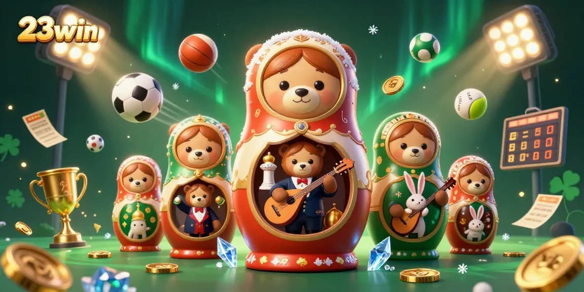 Engage with 23win's vibrant 3D casino illustration featuring unique bears and lively sports elements.