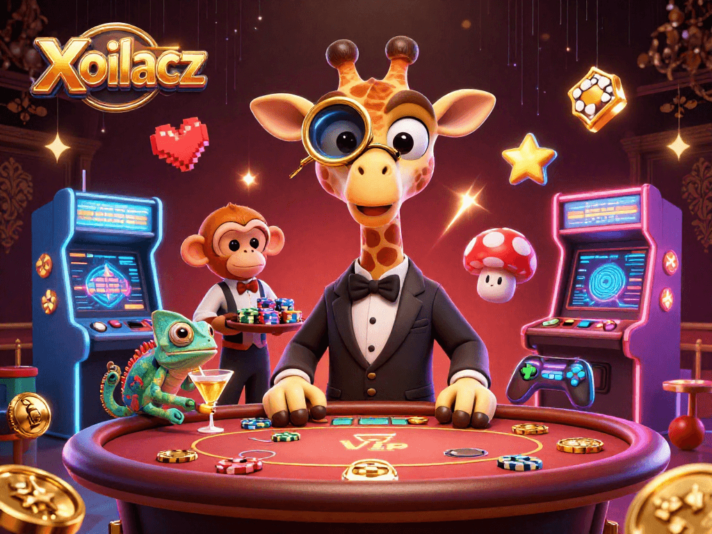 Xoilacz brings excitement with a high-roller giraffe at a VIP poker table amidst vibrant gaming elements.