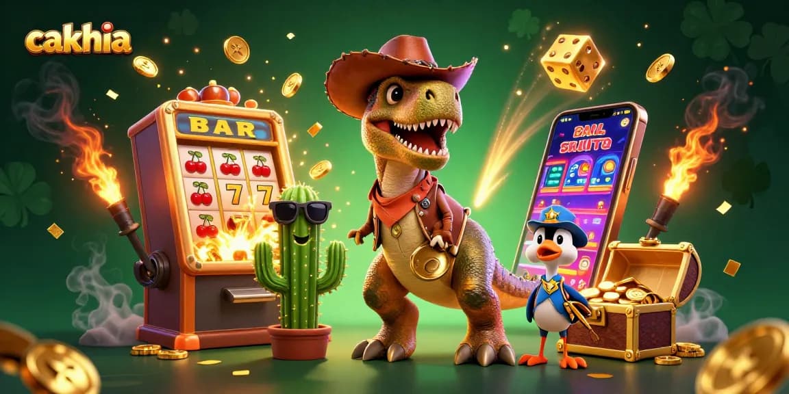 Cakhia delivers thrilling slot game excitement with colorful casino elements and interactive characters in a packed illustration.