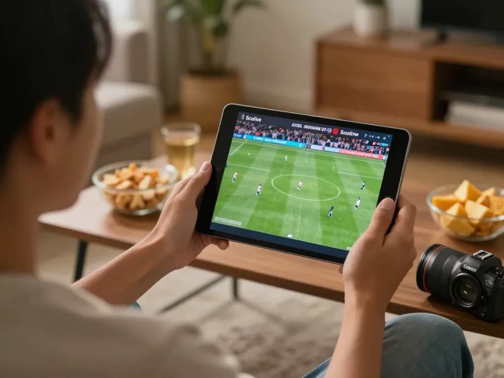 xem bóng đá Socolive on tablet in cozy home setting, enjoying live soccer streaming experience