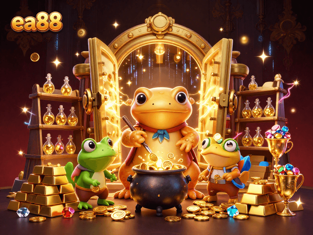 Engage with thrilling winning strategies at ea88 with colorful illustrations of alchemy and golden treasures in a casino setting.