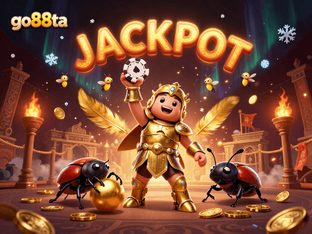 go88ta features a winning beetle duo celebrating a jackpot in a vibrant casino scene.