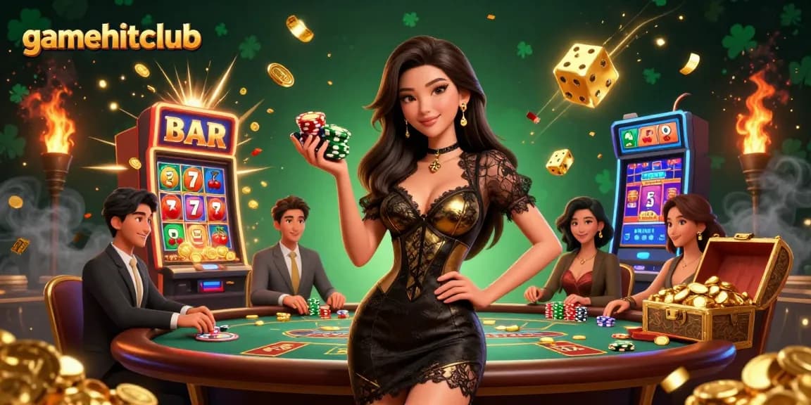 Experience top-tier gaming at gamehitclub, featuring a glamorous baccarat setting with thrilling slot machine action.