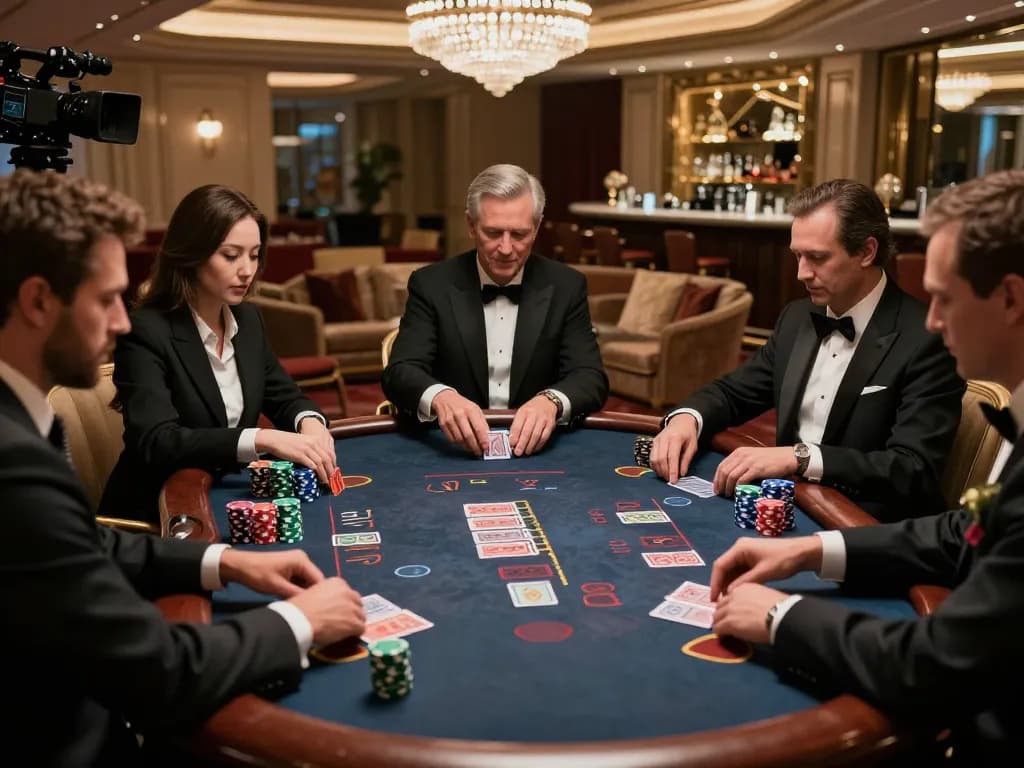 rik88 gaming table showcasing an intense blackjack match among high rollers, rich casino atmosphere