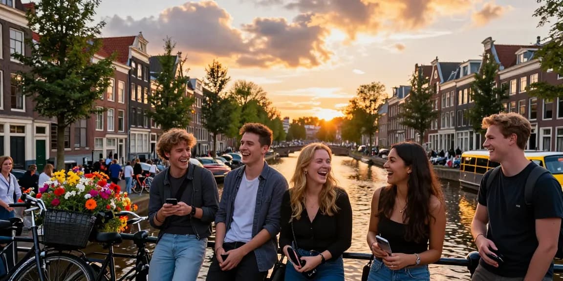 Groep vrienden genietend van een taxi bus in de schilderachtige grachten van Amsterdam tijdens zonsondergang.