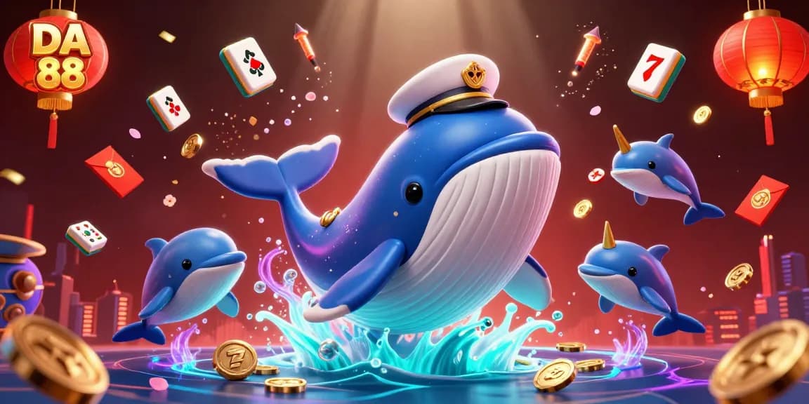 Experience DA 88's thrilling casino action with a vibrant 3D illustration showcasing playful dolphins and lucky symbols.