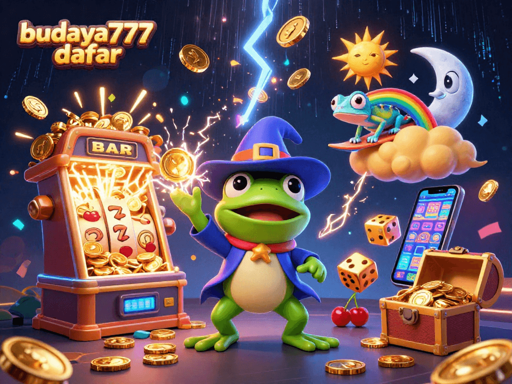 Melihat budaya777 daftar dan meraih jackpot pada mesin slot berkilau di latar belakang yang magis.