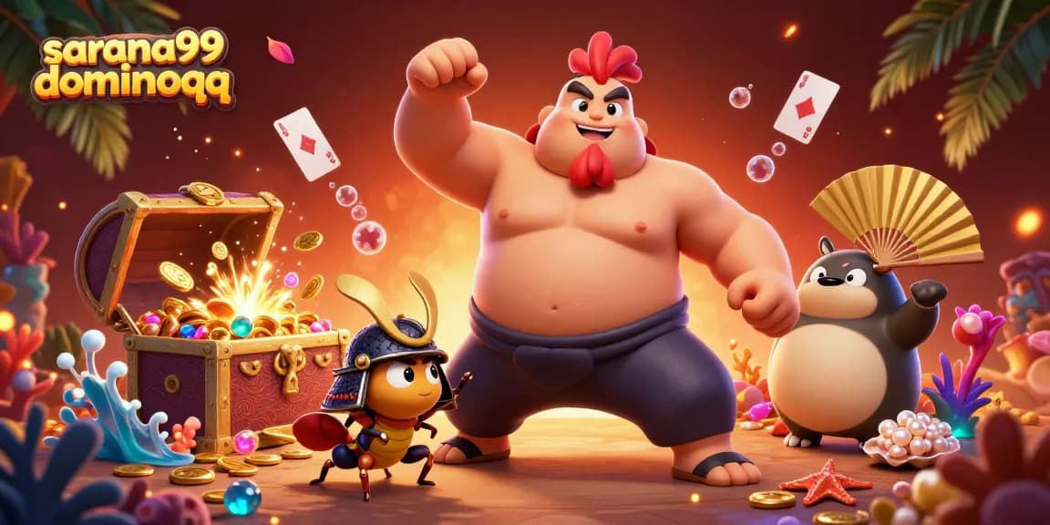 Sarana99 dominoqq showcases thrilling 3D characters celebrating luck and riches in a vibrant casino scene.