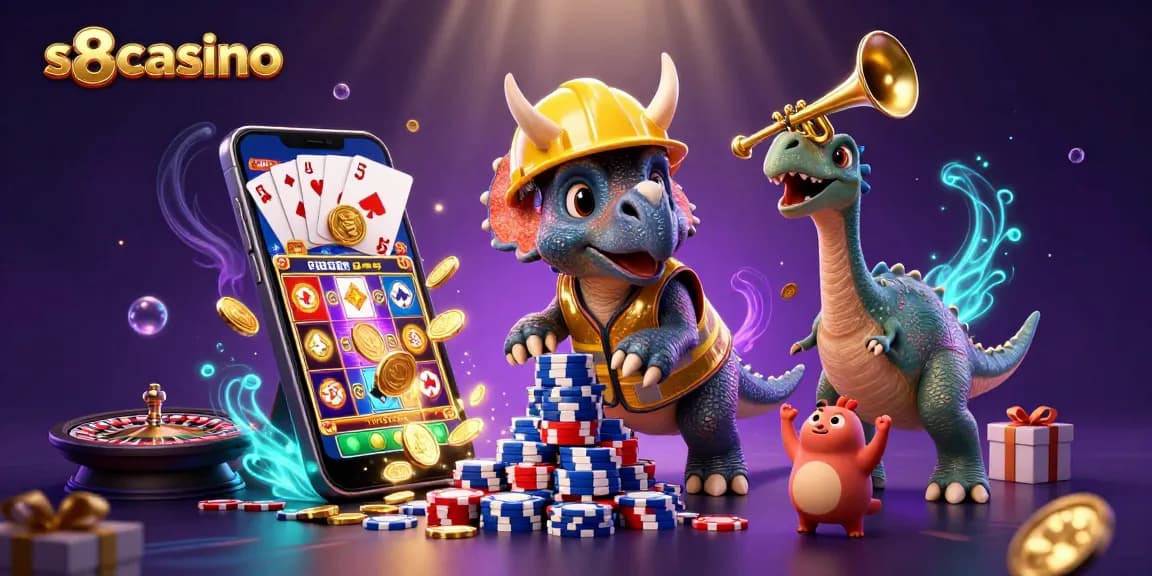 S8casino offers exciting gaming, with a triceratops and friends celebrating casino fun.