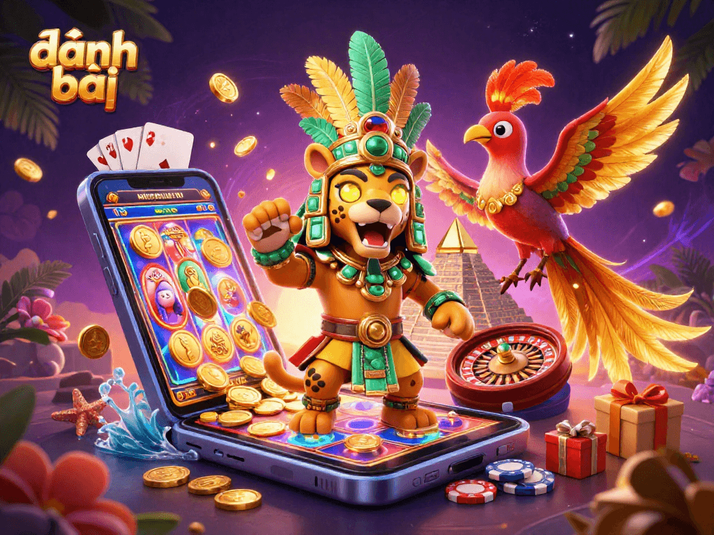 Engage in đánh bài with a vibrant 3D scene featuring Mayan elements and casino games.