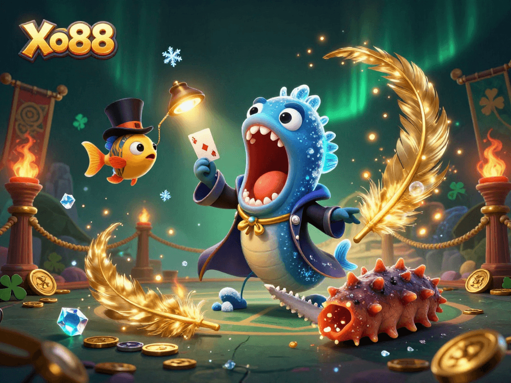 Xo88 brings thrilling magic to gaming, featuring a bioluminescent eel performing card tricks in an immersive casino scene.