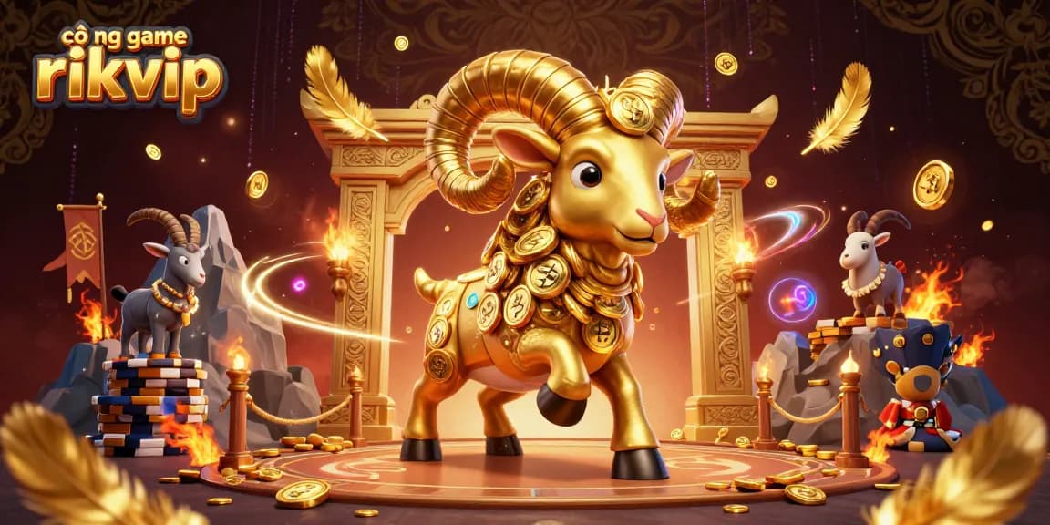 Engage with cổng game rikvip in this dynamic scene featuring a golden ram charging through a decorated casino arena.