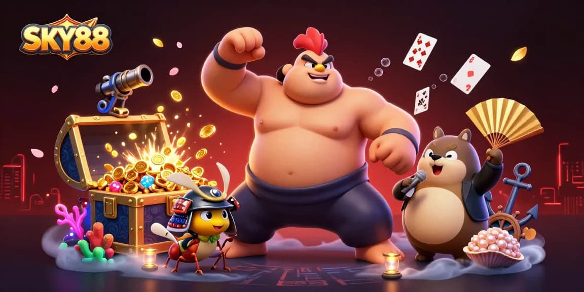 Engage with thrilling gameplay at SKY88, featuring a vibrant casino scene with sumo wrestler, cricket, and tanuki.