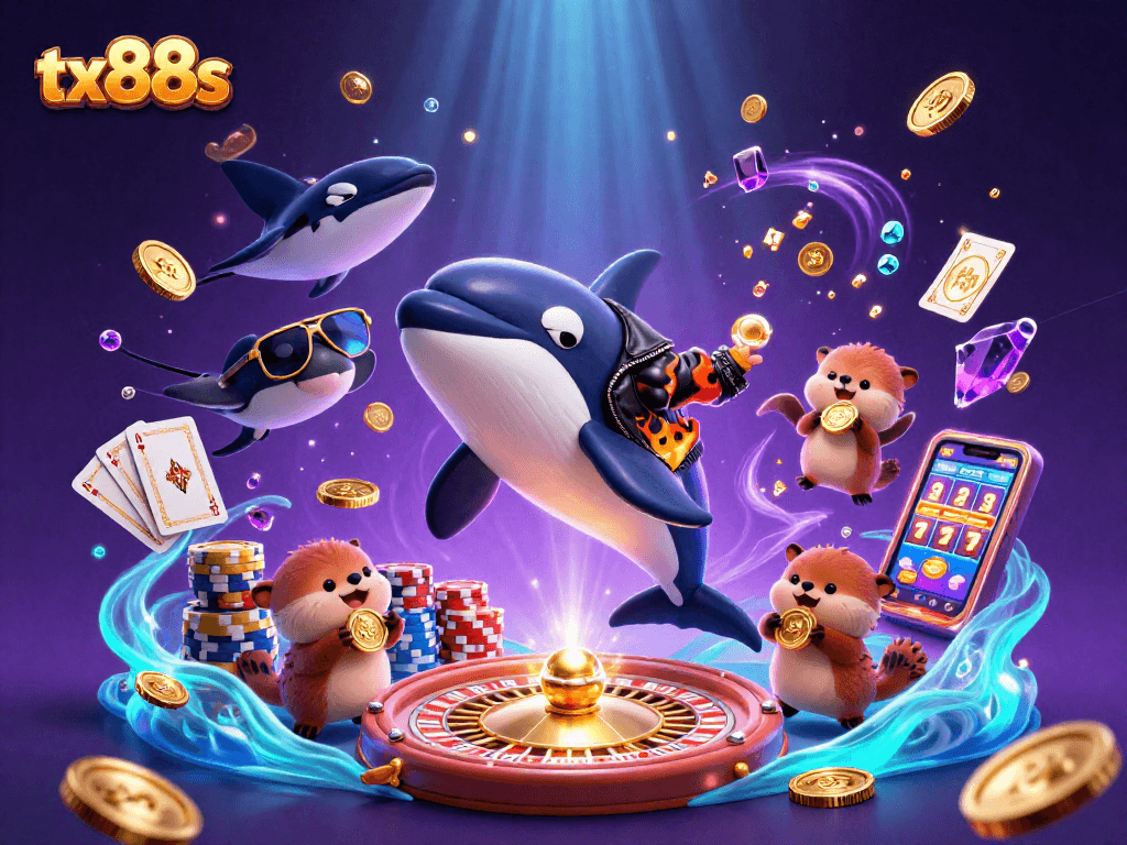 Experience the thrill of tx88s with vibrant casino elements featuring an orca, stingray, and sea otters.