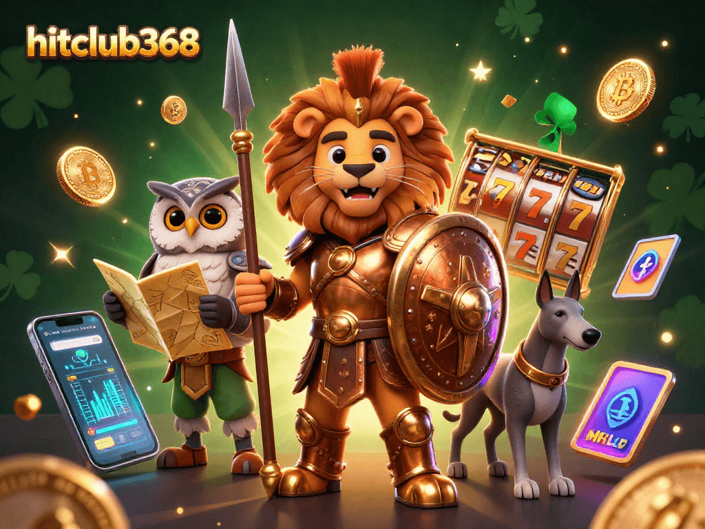 Experience the thrill at hitclub368 with a vibrant online casino illustration featuring slots and crypto.