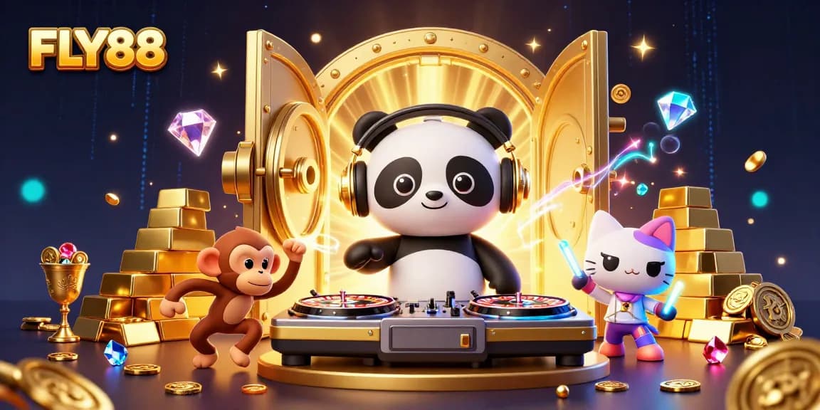 Engage with FLY88, an electrifying casino scene featuring playful characters and gold treasures.