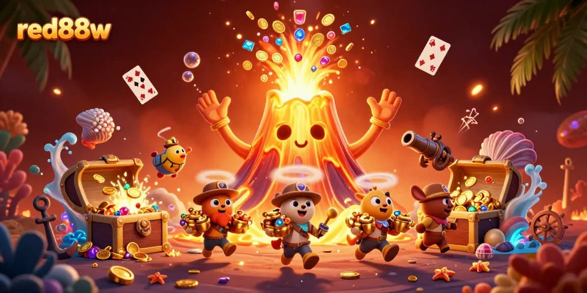 Experience big wins in red88w with a vibrant 3D illustration of treasure and casino elements.