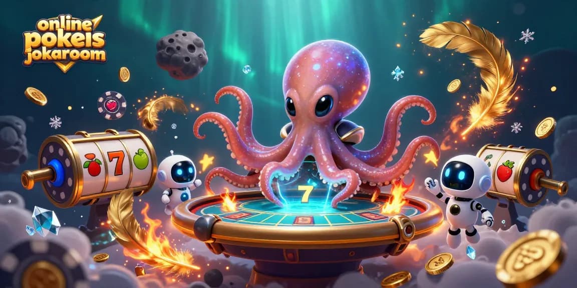 Play thrilling online pokies jokaroom with an alien octopus at a holographic poker table surrounded by dynamic gaming elements.
