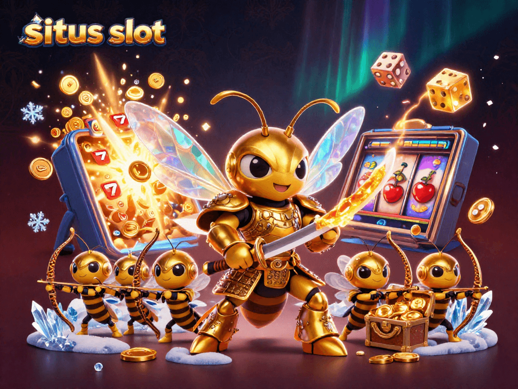 Situs slot featuring vibrant golden hornet and bee archers with bursting slot machine elements