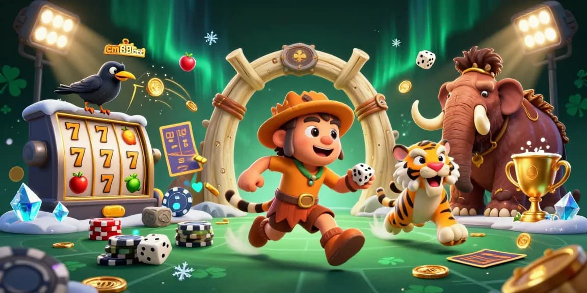 Experience the vibrant excitement of cm88bet with a prehistoric casino scene featuring captivating characters and dynamic game elements.