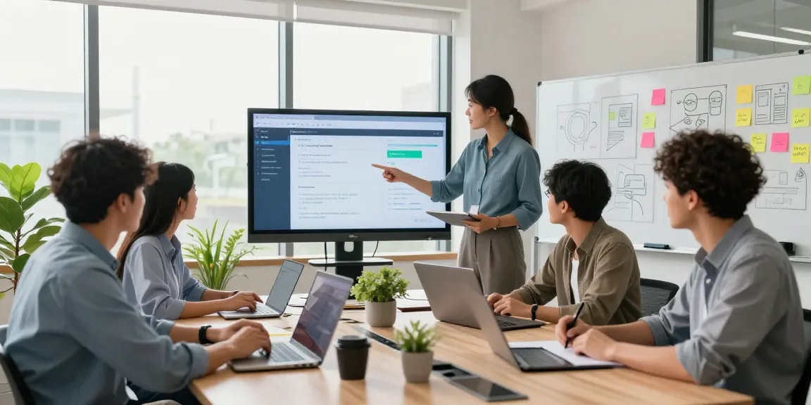 IT support business team collaborating in a modern office environment, showcasing teamwork and technology solutions.