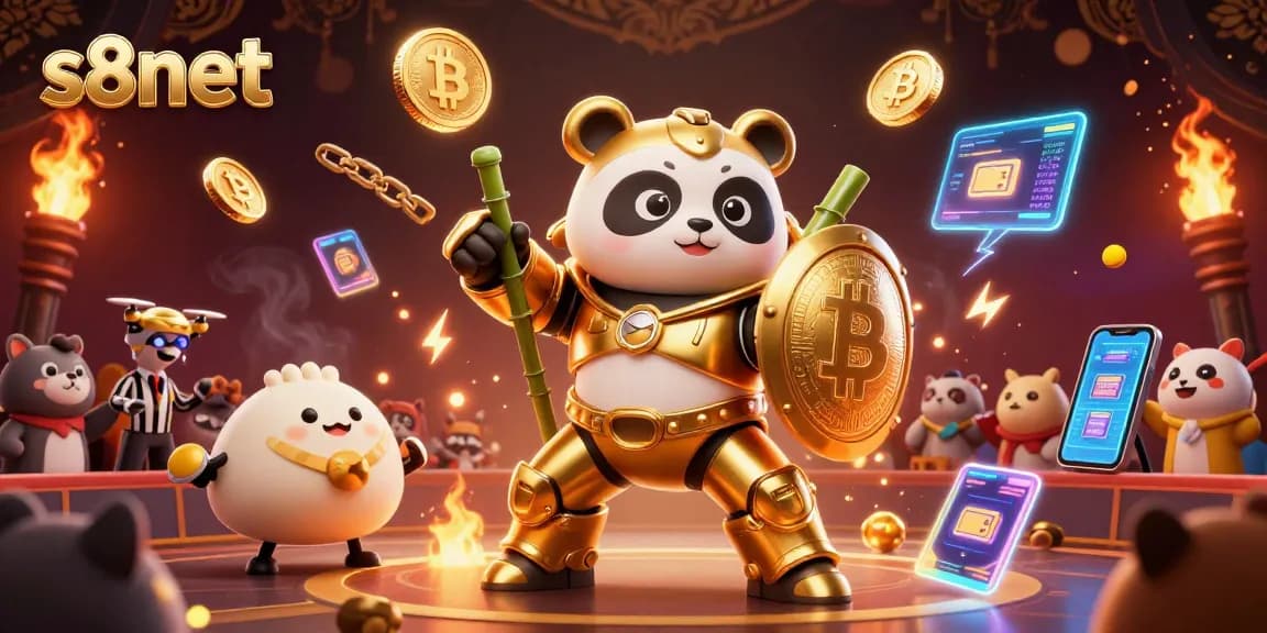 Engage in thrilling gaming at s8net with a dynamic 3D illustration of a panda piloting a robot in an energetic arena.