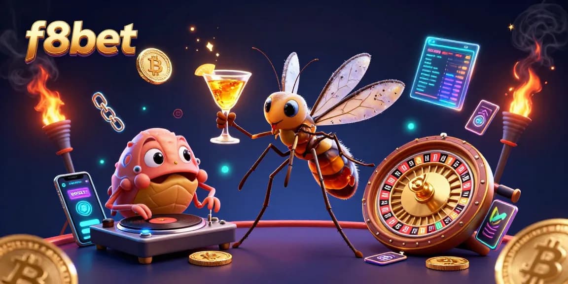 Join the excitement at F8BET with a lively casino scene featuring a golden cocktail and a roulette wheel.