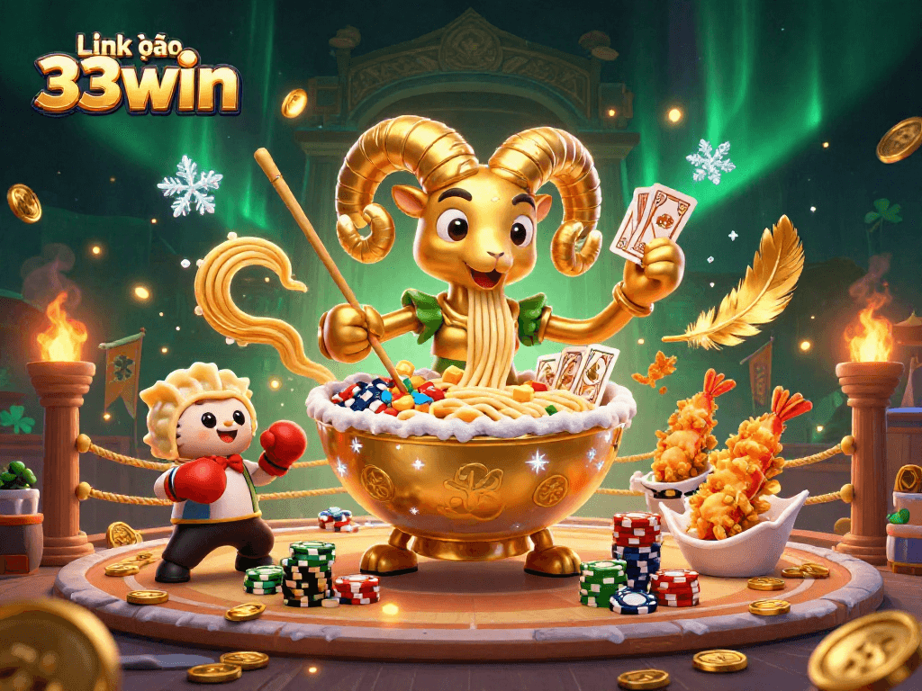 Experience exciting gaming with link vào 33win as a golden ramen bowl acts as the dealer, surrounded by lively casino elements.