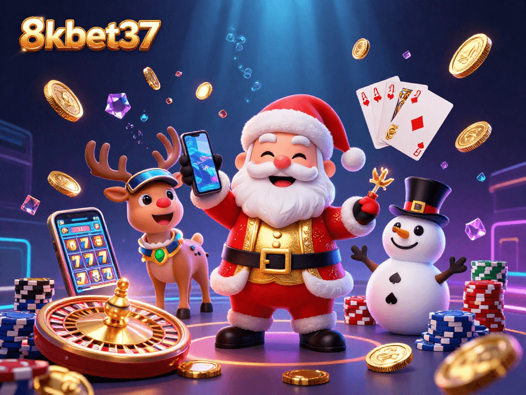 Experience the excitement of 8kbet37 with Santa, reindeer, and snowman in a vibrant casino scene.