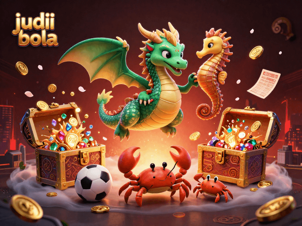 Bet on judi bola as a dazzling emerald dragon oversees a vibrant sports betting scene, filled with treasures.