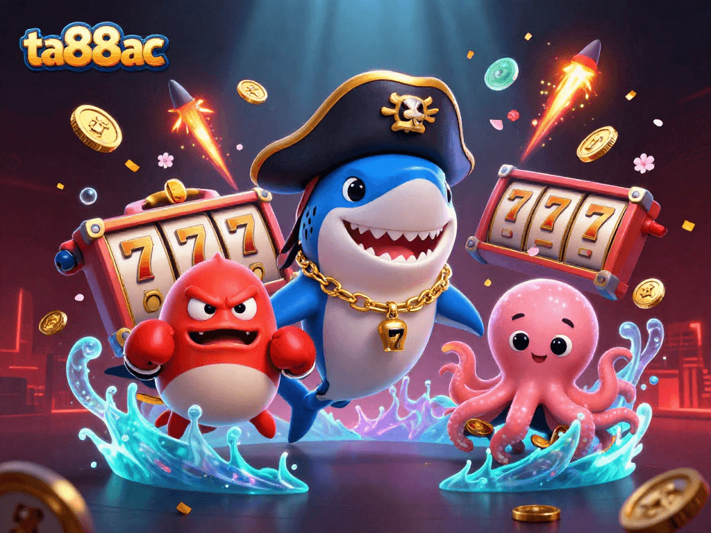 Engage with ta88ac's vibrant 3D casino scene showcasing cartoon characters surrounded by slot reels and gold coins.