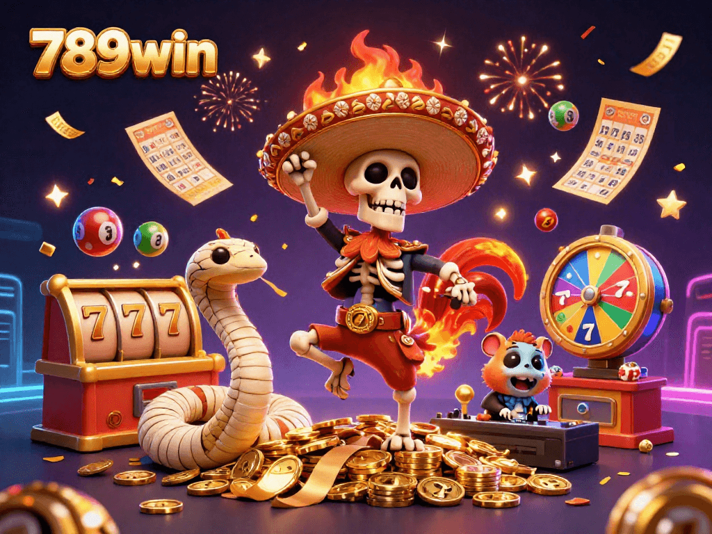 Experience the excitement of 789win with a vibrant 3D casino celebration featuring dynamic characters and game elements.