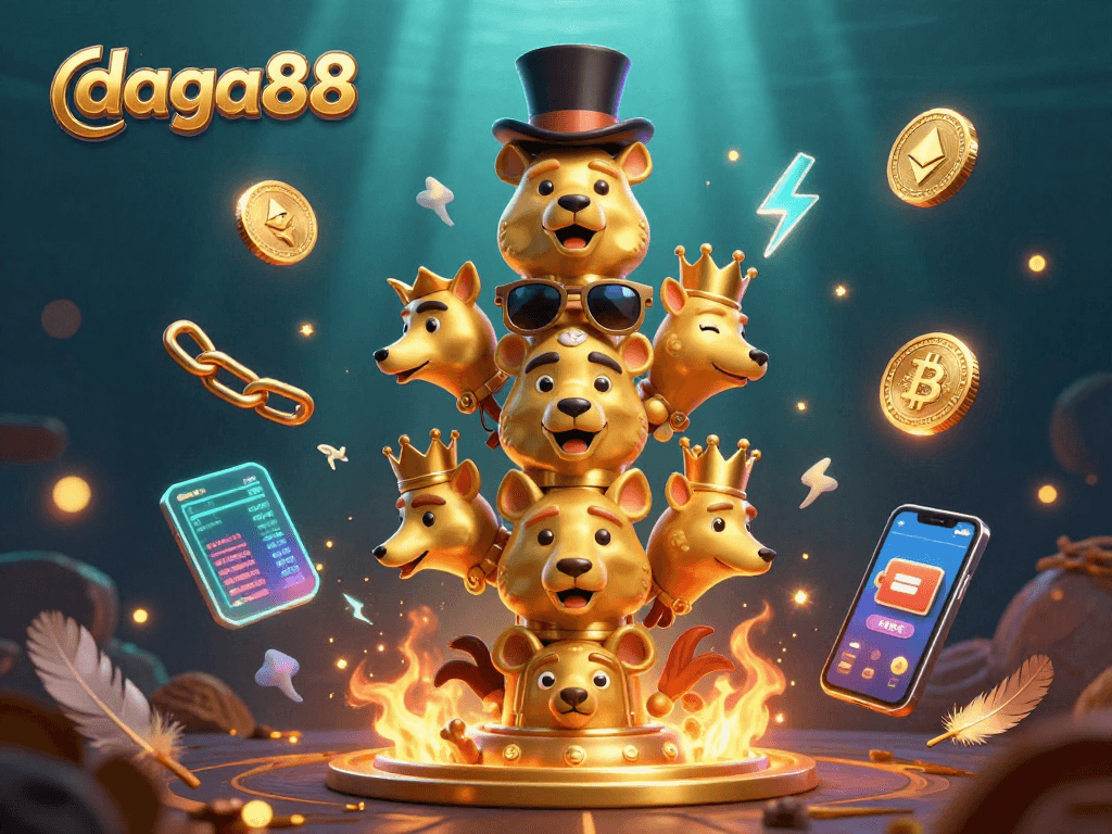 daga88 showcases an intense cockfighting scene with golden totem poles and dynamic crypto elements.