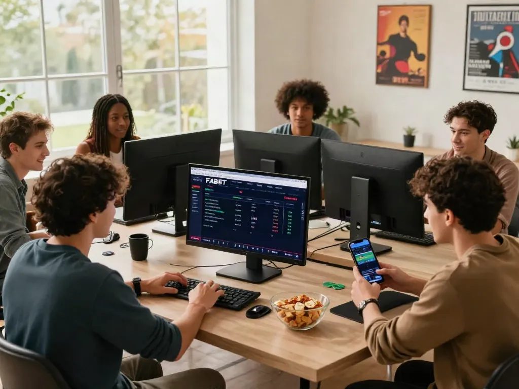 Players enjoying online gambling experience on https://fabet.com.mx/ using desktop and mobile devices in a modern home office.