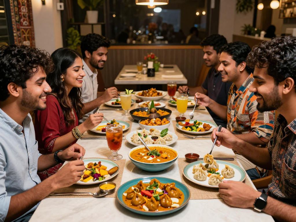 Friends enjoying authentic cuisine at ROKOK88 with delightful dishes; rokok88 link login in the background.