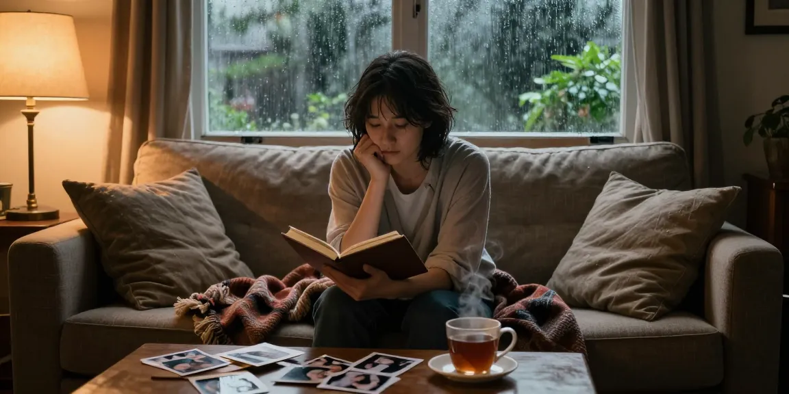 Individual reflecting on personal stories with rokok88 link journal in cozy living room setting.
